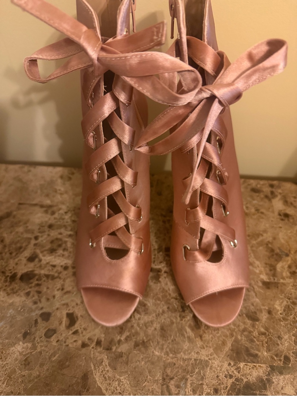 INC International Concepts Rose Blush Satin Lace-Up side zip Peep Toe Heels